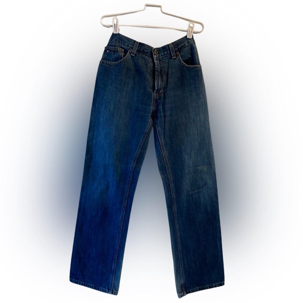 😎 Vintage Tommy Hilfiger Custom Distressed Cotton Straight Leg Blue Jeans